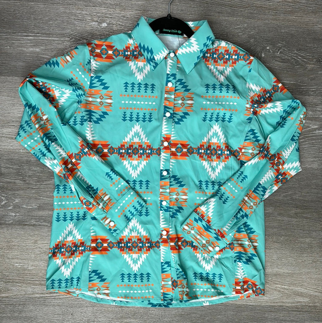 TEAL AZTEC BUTTON UP